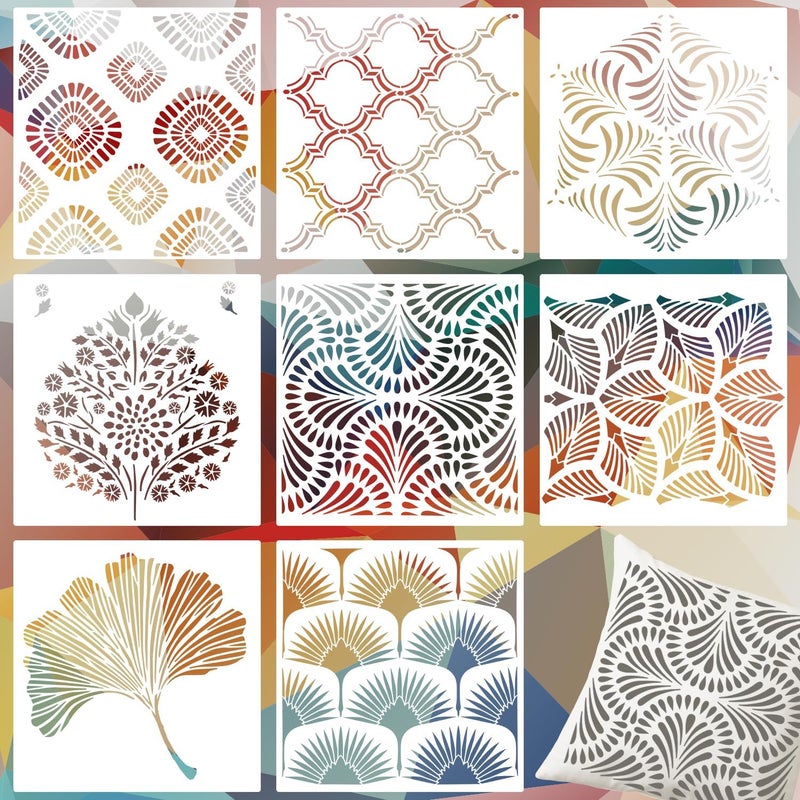 Resflyar 8 PCS Large Geometric Stencils, Reusable Plastic Drawing Template for Painting on Wall Wood Floor Tile DIY Art Furniture Home Decoration, 12 x 12 Inch - Image 1